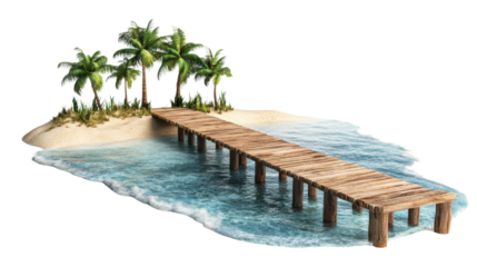Wooden pier extending from tropical island with palm trees on transparent background
