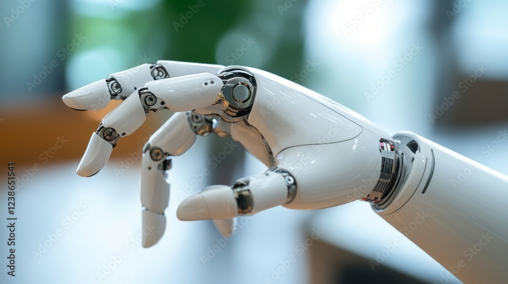 Poster intricately designed robotic hand reaches out, displaying sophisticated joints and movements. this f