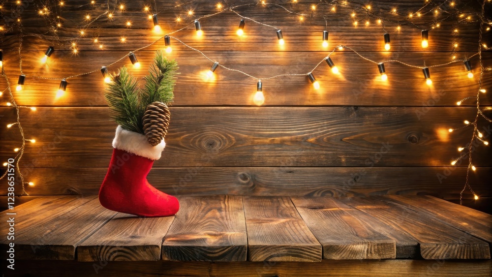 Poster rustic christmas scene with a red stocking, pine sprigs, and pinecones on a wooden table, illuminate