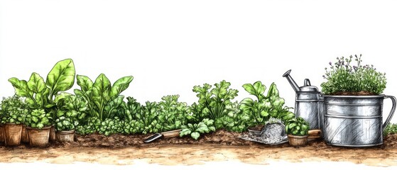 Vibrant green plants including herbs and vegetables line the garden bed, accompanied by gardening tools and a watering can under the clear sky