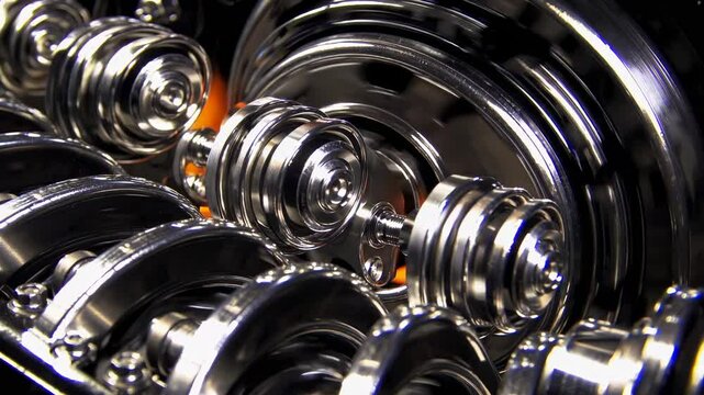 Close-up of chrome dumbbells spinning and generating orange beams of light in a complex, perpetual motion machine, showcasing engineering, fitness, and abstract concepts