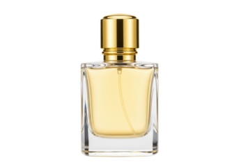 A transparent glass perfume bottle with golden liquid and a metallic gold cap, isolated on a white background