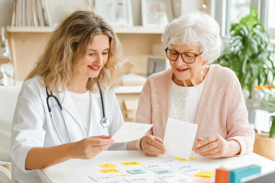 Woman engages in speech therapy with a therapist using word cards in a calm and focused environment