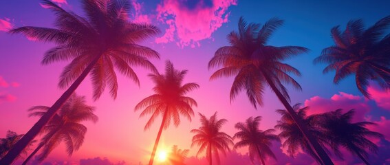 Vibrant sunset with palm trees under a colorful sky