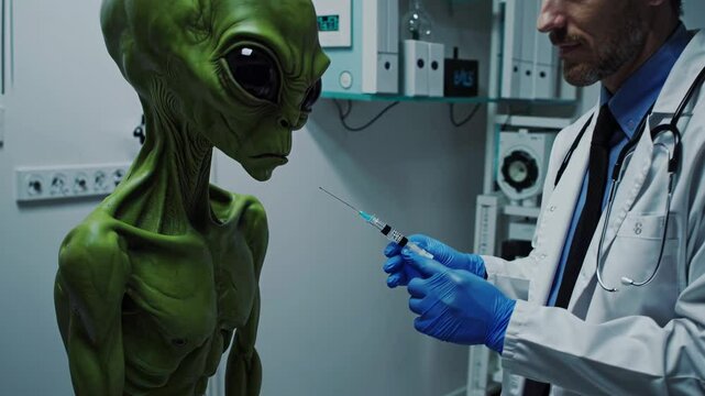 Inside futuristic medical examination room, doctor attending alien patient, another alien assisting, advanced medical equipment and computers displaying data