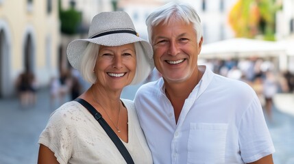 Obraz premium A couple is smiling for the camera in a city street. The woman is wearing a white dress and a black hat, while the man is wearing a white shirt and a hat. They are both holding handbags
