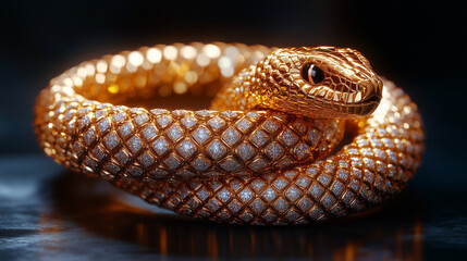 Fototapeta premium luxurious gold snake jewelry piece, encrusted with shimmering diamonds, coiled elegantly in a lifelike pose. The intricate scale pattern and polished finish reflect opulence and fine craftsmanship