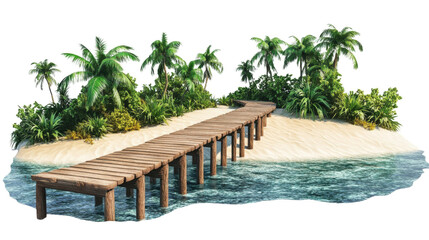 Fototapeta premium Wooden pier connecting tropical island with transparent background