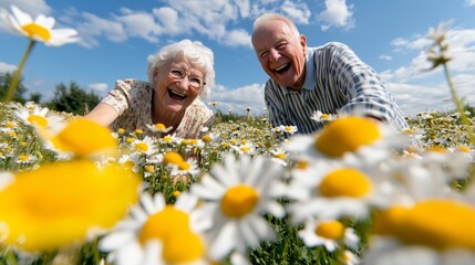 Fototapeta premium A couple of older people are laughing and smiling in a field of yellow flowers. Scene is joyful and lighthearted, as the couple appears to be enjoying each other's company