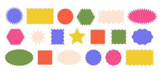 Different geometric shapes with zig zag wavy edge. Rectangle, Oval, Circle, Square. Vector set color elements for design frame, stamp, template and badges