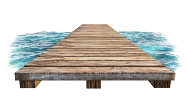 Wooden pier floating on transparent background with gentle waves - Powered by Adobe