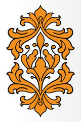 Ornate baroque design, golden orange filigree, symmetrical floral pattern.