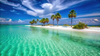 Fototapeta premium Turquoise waters and white sandy beach on Crab Island in Destin Florida with palm trees surrounding a crystal clear lagoon, crab island, beach resort