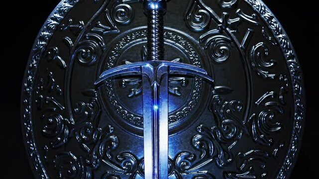 Glowing magical sword emitting bright light placed in front of a shield with celtic design illuminated in blue. Creating a dramatic and mysterious atmosphere. Suitable for fantasy or medieval themes