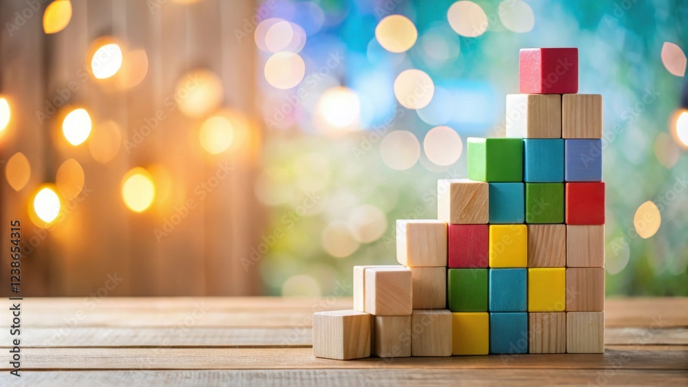Poster colorful wooden blocks forming an ascending staircase on a wooden table against a bokeh background