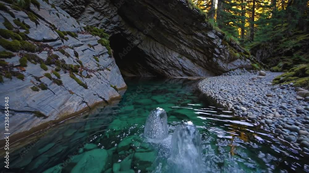 Poster tranquil oasis with clear water and mossy rocks surrounded by towering trees in lush forest