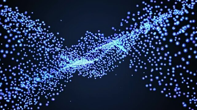 Abstract futuristic background with blue glowing particles flowing and forming a dynamic swirling shape on a dark background, creating a sense of movement and energy