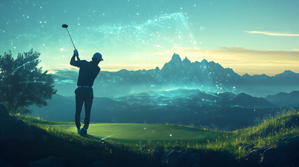 swinging a club overlaid with an expansive landscape and a glowing trajectory line 