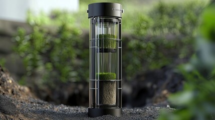 Modern indoor vertical gardening system with glass layers and vibrant green moss plants