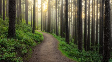 Obraz premium Morning mist nature concept. A serene forest path surrounded by towering trees and gentle morning light.