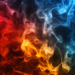 Fototapeta premium Background of swirling smoke and fog in red, yellow, orange, blue colors. Abstract, cinematic, atmospheric.Wallpaper background.