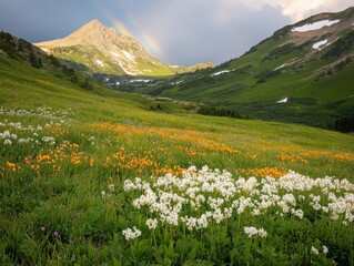 Fototapeta premium Scenic mountain landscape with colorful wildflowers and rainbow