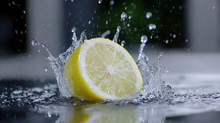 A fresh lemon slice splashes water dramatically, creating a vibrant and refreshing scene that highlights its juicy and zesty nature. Perfect for themes of freshness and vitality.