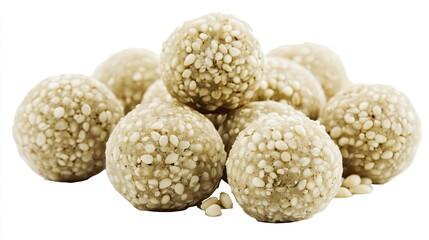 Close-up of sesame seed energy balls stacked and scattered on white background