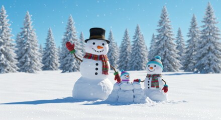 Obraz premium A family of snowmen with children on a frosty morning near the forest