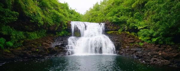 Fototapeta premium Waterfall scenes nature idea. A serene waterfall cascading into a tranquil pool surrounded by lush greenery.