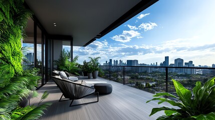 Fototapeta premium A botanicalthemed apartment balcony with lush greenery, modern chairs, and an open city view, ultradetailed, isolated on white background