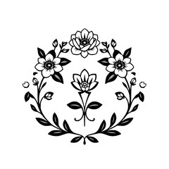 Elegant Black and White Floral Design: Circular Botanical Illustration, Vintage Flower Frame, Symmetrical Pattern for Decoration