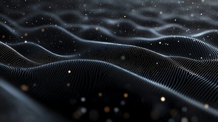 Abstract visualization of dynamic digital waves in a dark space. Illuminated particles flow across a grid network, symbolizing data movement and futuristic technology innovation.