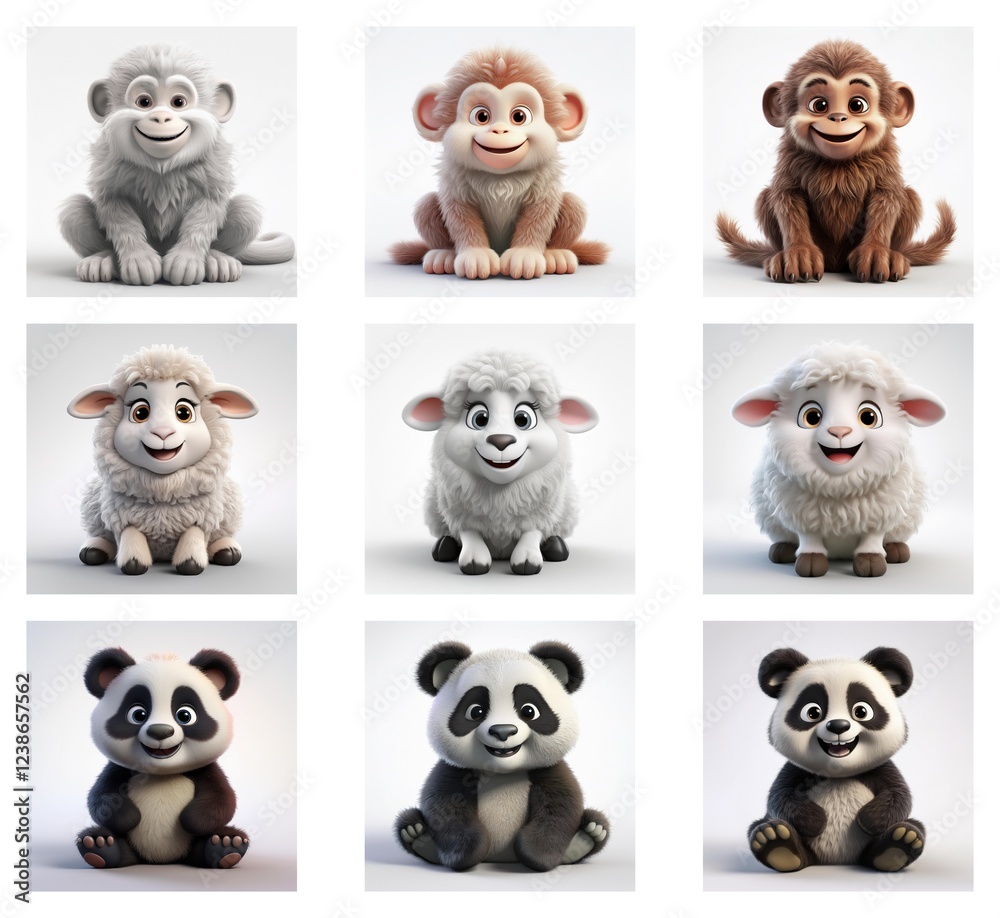 Poster adorable 3d renderings of baby monkeys, lambs, and pandas in varying shades of fur. each animal sits