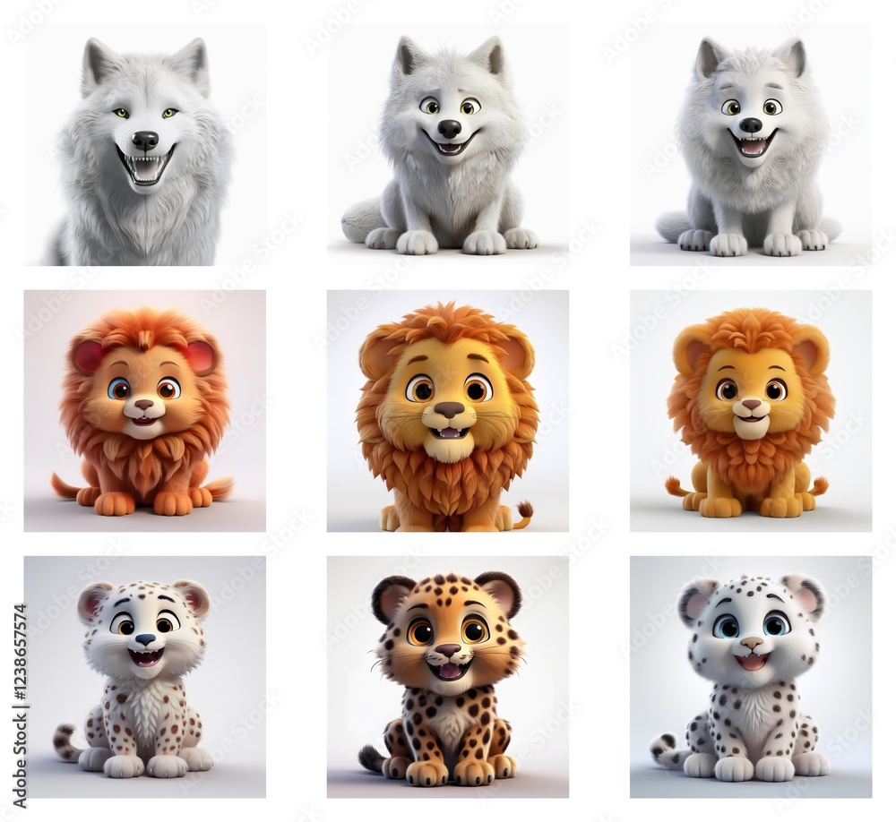 Poster a grid showcasing the 3d modeling process of adorable cartoon animals: a wolf, lion, and snow leopar