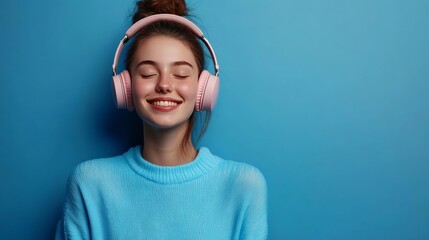Beautiful young woman dressed casually, listening to music through headphones, expressing relaxation and happiness. Concept of human emotions, beauty and self-expression.