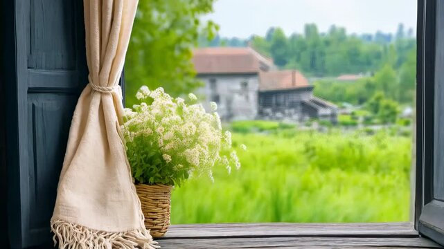 Open rustic window with beige curtain tied to the side, showing a basket of white flowers and a serene countryside view with lush greenery and a distant farmhouse. Concept of rural tranquility

