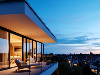 Fototapeta premium Minimalist apartment balcony with cozy lounge chair, soft lighting, overlooking a quiet residential neighborhood