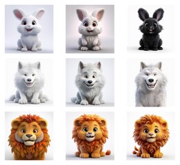 Adorable cartoon animals in various color variations.  Nine images showcase rabbits, arctic wolves, and lion cubs in different poses and shades.