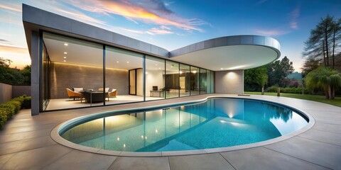 Sleek and sophisticated custom kidney shaped pool in a luxury home setting, featuring clean lines, minimalist aesthetic, and plenty of natural light, high end homes, contemporary architecture