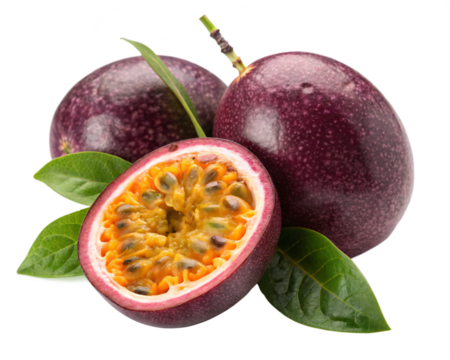 A purple passion fruit with a wrinkled, matte skin and a vibrant orange interior. AI Generative