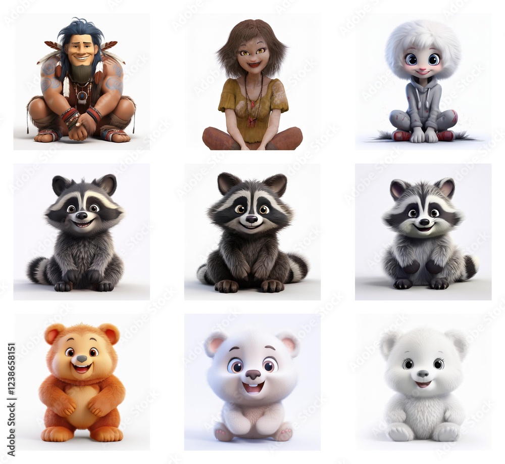Poster a charming grid showcasing diverse 3d rendered characters. cute animals and stylized humans sit, dis