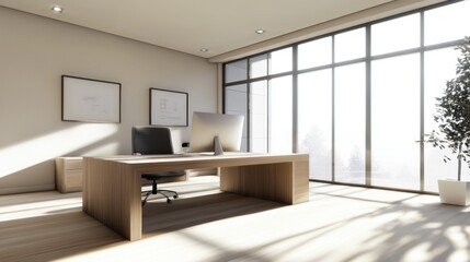Modern Office Interior with Desk and Large Windows in Soft Light