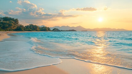 Fototapeta premium Deserted Beach at Twilight with Last Rays of Sunlight Casting Golden Glow Over Sand and Water