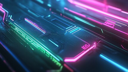 Obraz premium Futuristic neon light patterns creating a glowing abstract technology background in vibrant colors of blue, pink, and green. Ideal for digital and tech-themed designs.