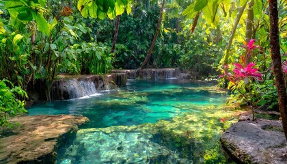 Crystal clear tropical lagoon with lush vegetation and cascading waterfalls