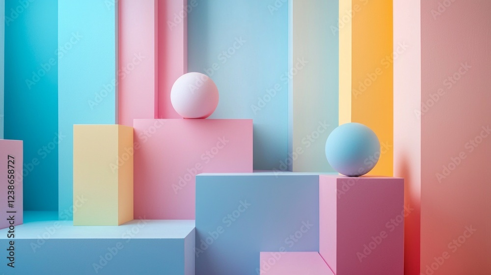 Poster colorful geometric forms in varying pastel shades create an abstract aesthetic. soft spheres sit ato