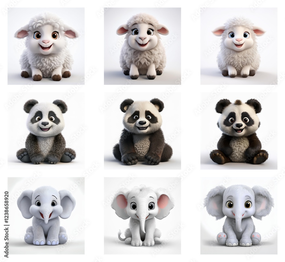 Poster adorable 3d renderings of baby sheep, pandas, and elephants in a grid layout. each animal is shown i
