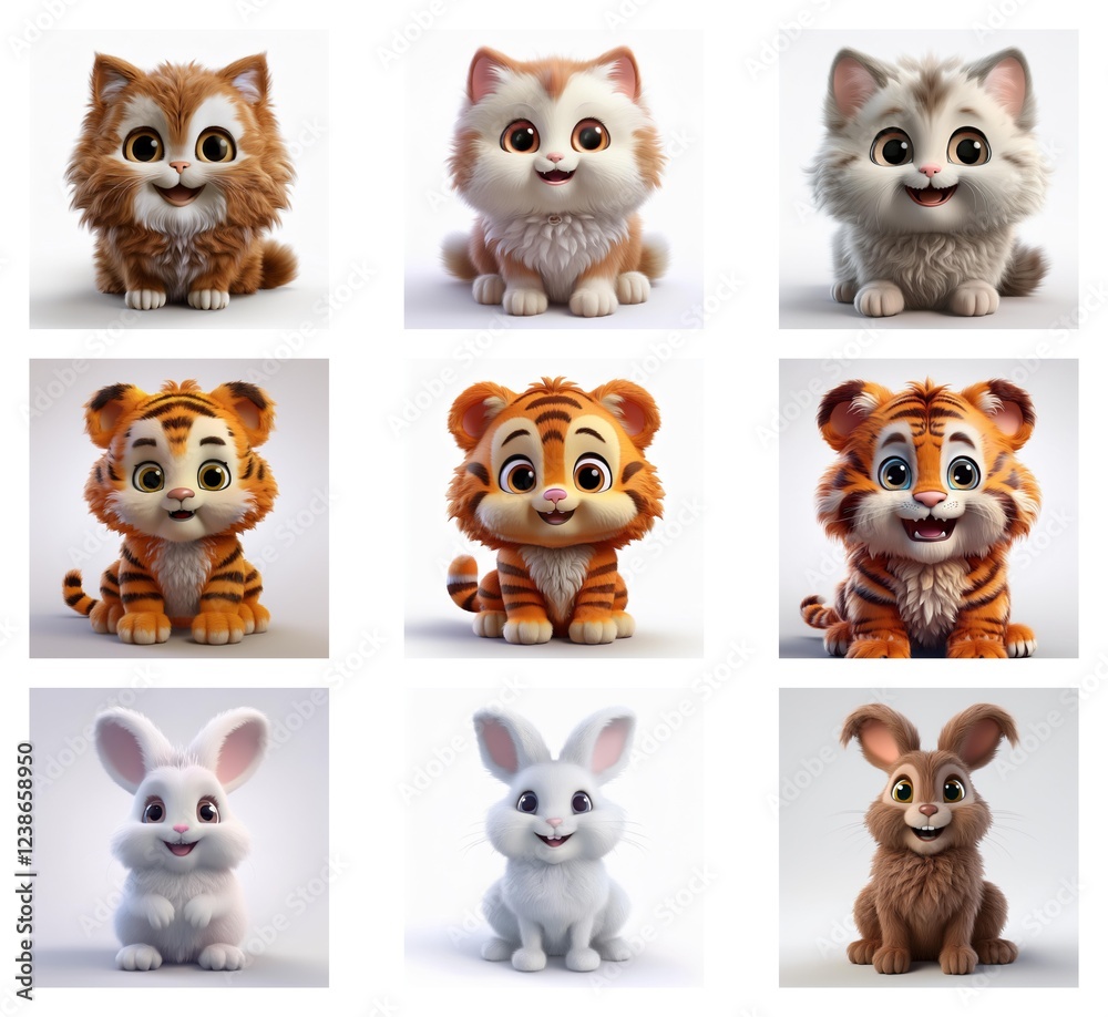Poster Adorable 3D rendered kittens and bunnies with variations in fur color and tigers with different shades of orange.  Charming, cartoonish style.