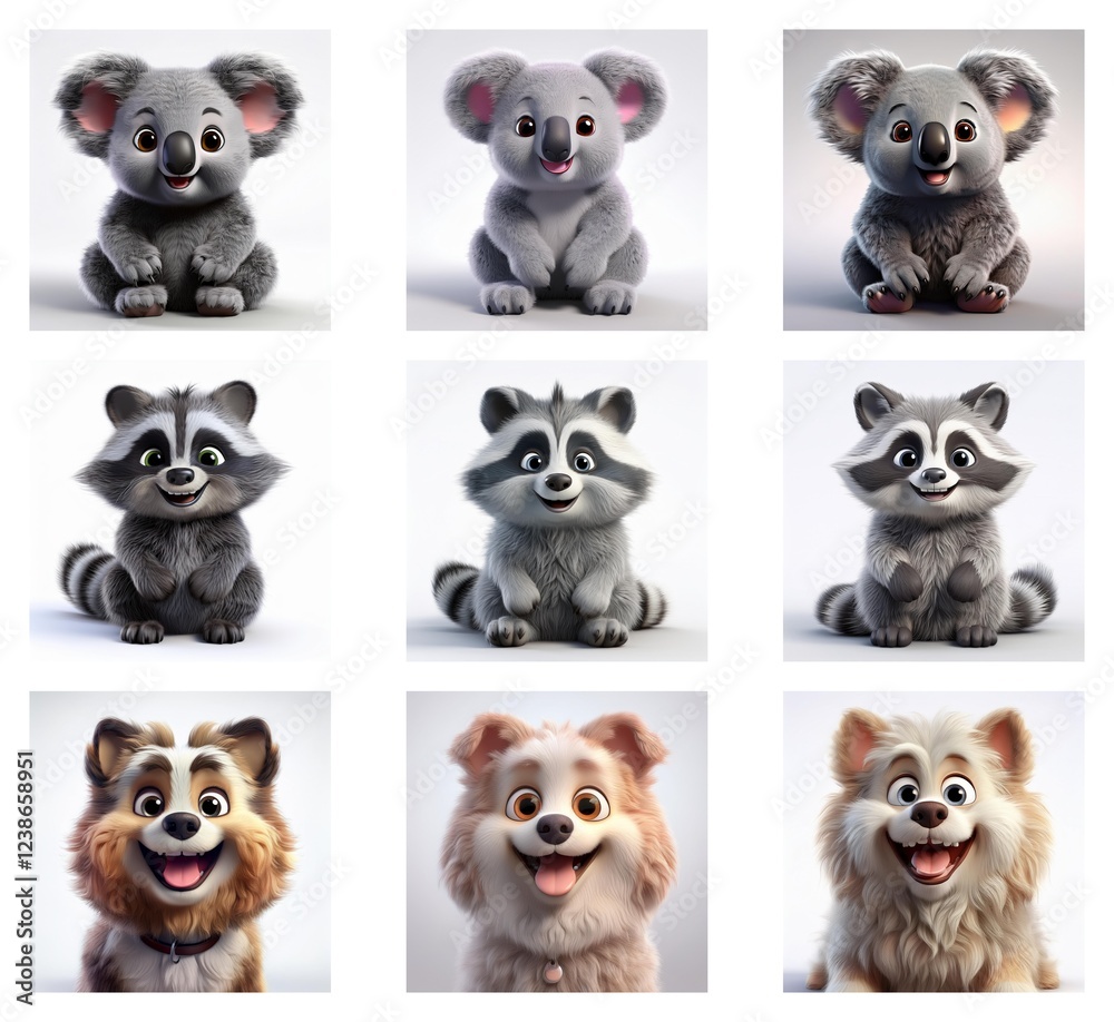 Poster adorable 3d renderings of koalas, raccoons, and fluffy dogs. each animal has a slightly different po